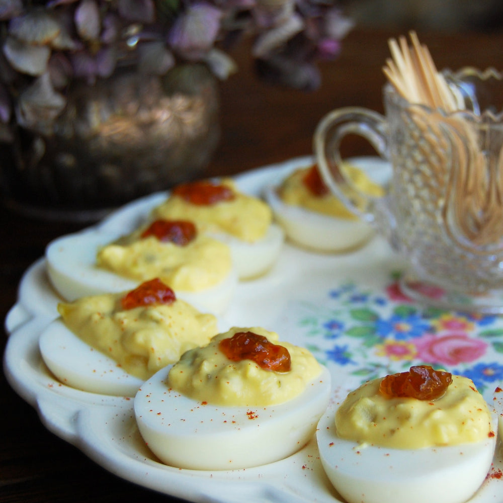 DOUBLY DEVILED EGGS WITH HOT PEPPER JELLY