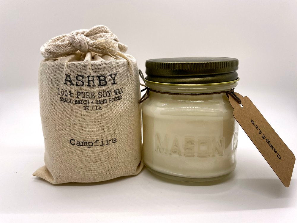 Ashby Candles Campfire 100% pure soy. Mason jar pictured, comes with a muslin gift bag.