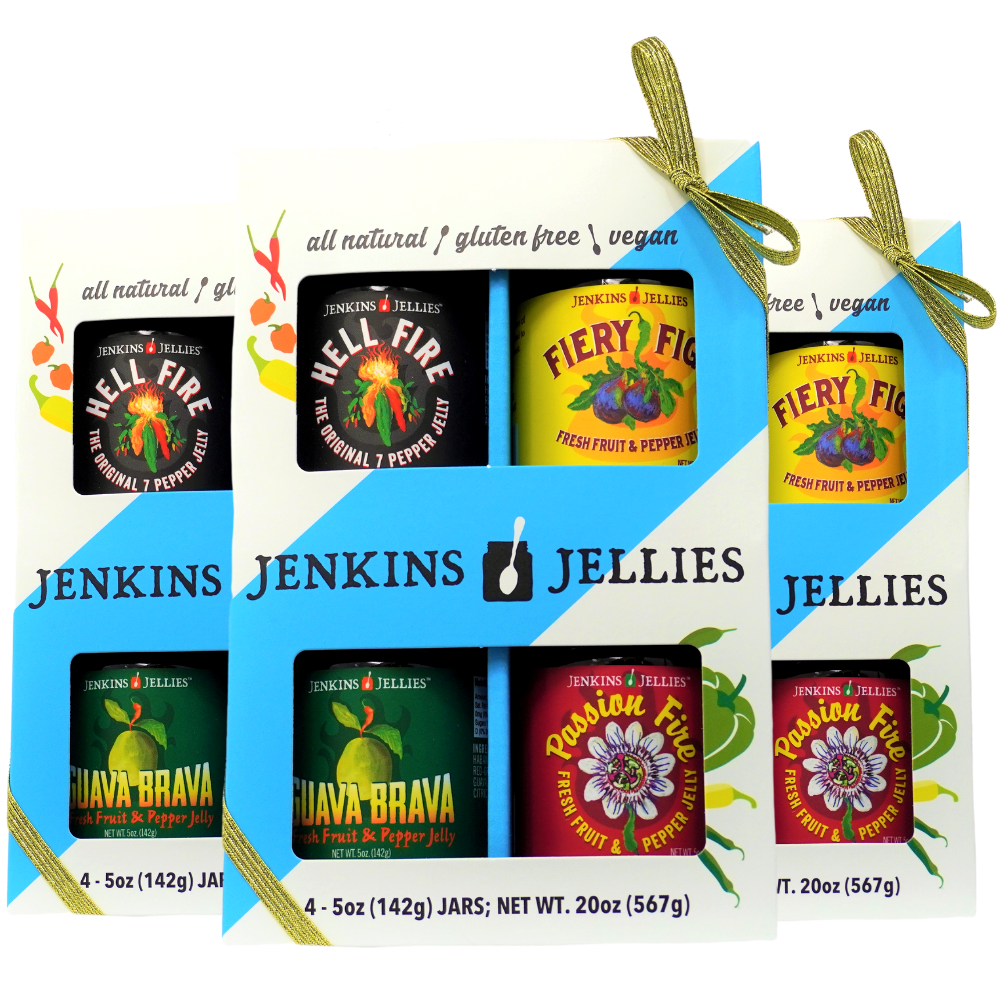 Jenkins Jellies Hot Pepper Jelly Gift Box Set (3 Bundles), Gold Ribbon