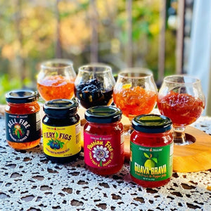 
                  
                    Load image into Gallery viewer, Jenkins Jellies Hot Pepper Jelly Gift Set (4 Flavors), 5 oz. Jars with Gold Ribbon
                  
                