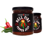 11 oz & 5 oz Hell Fire Pepper Jelly jars. Fresh Serrano and Jalapeno peppers. Sweet, spicy and savory hot pepper jam for home cooks and professional chefs.