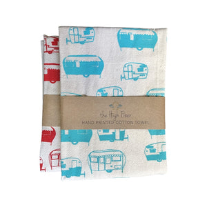 
                  
                    Load image into Gallery viewer, Retro Campers Kitchen Tea Towel | Handcrafted by The High Fiber (Red or Turquoise)
                  
                