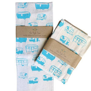 
                  
                    Load image into Gallery viewer, Retro Campers Kitchen Tea Towel | Handcrafted by The High Fiber (Red or Turquoise)
                  
                