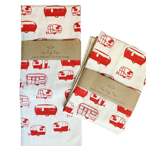 
                  
                    Load image into Gallery viewer, Retro Campers Kitchen Tea Towel | Handcrafted by The High Fiber (Red or Turquoise)
                  
                