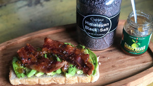 
                  
                    Load image into Gallery viewer, Avocado toast on sourdough bread, topped with bacon and drizzled with Guava Brava pepper jelly and a pinch of Himalayan Black Sea Salt. Fresh Guava fruit mixed with chili peppers and sweet bell peppers. Perfect kitchen staple.
                  
                