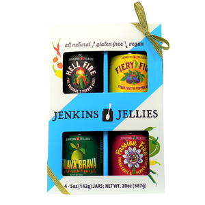
                  
                    Load image into Gallery viewer, Boxed Gift Set of Pepper Jellies; Hell Fire, Fiery Figs, Guava Brava, Passion Fire
                  
                