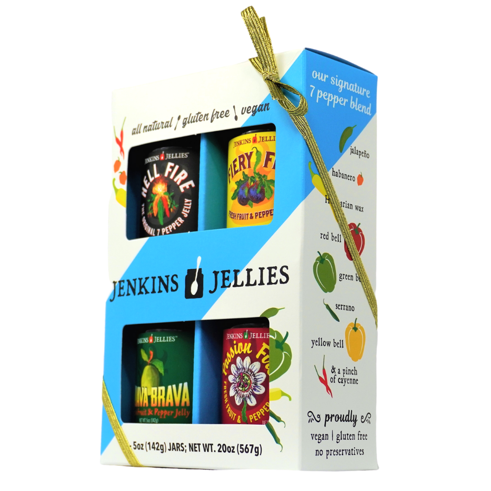 
                  
                    Load image into Gallery viewer, Jenkins Jellies Hot Pepper Jelly Gift Set (4 Flavors), 5 oz. Jars with Gold Ribbon
                  
                