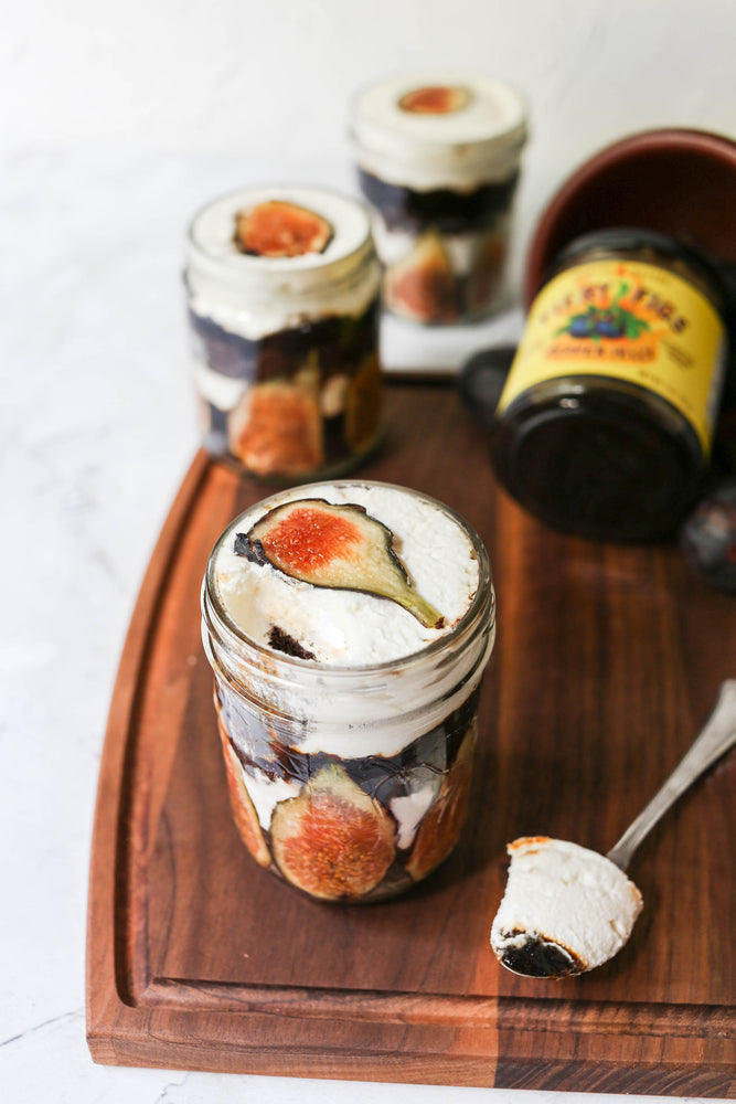 
                  
                    Load image into Gallery viewer, A close up on the Fiery Figs truffle dessert made with layers of freshly sliced fig fruit, whipped cream and Fiery Figs hot pepper jam. 
                  
                