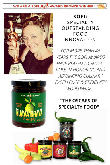 
                  
                    Load image into Gallery viewer, Hillary Danner, the founder of Jenkins Jellies, is pictured holding the sofi award that was given to Jenkins Jellies Guava Brava pepper jelly. Specialty Outstanding Food Innovation is given out each year by the Specialty Food Association. Sweet fresh Guava mixed with fresh sweet and spicy peppers for the win!
                  
                