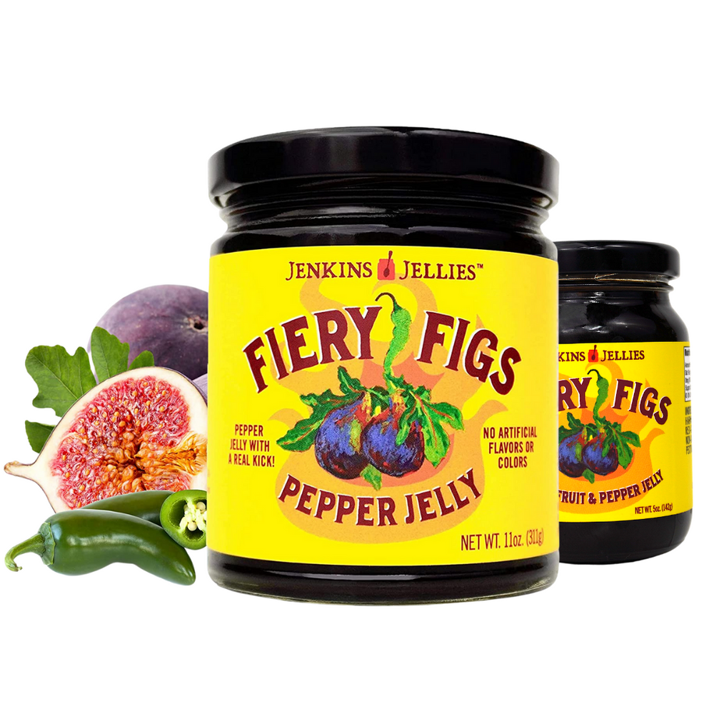 Fiery Figs pepper jelly in 11 oz & 5 oz jars. Pictured with fresh figs and habanero peppers. This balanced and complex sweet and spicy hot pepper jam is a mouthwatering addition to your everyday cooking.